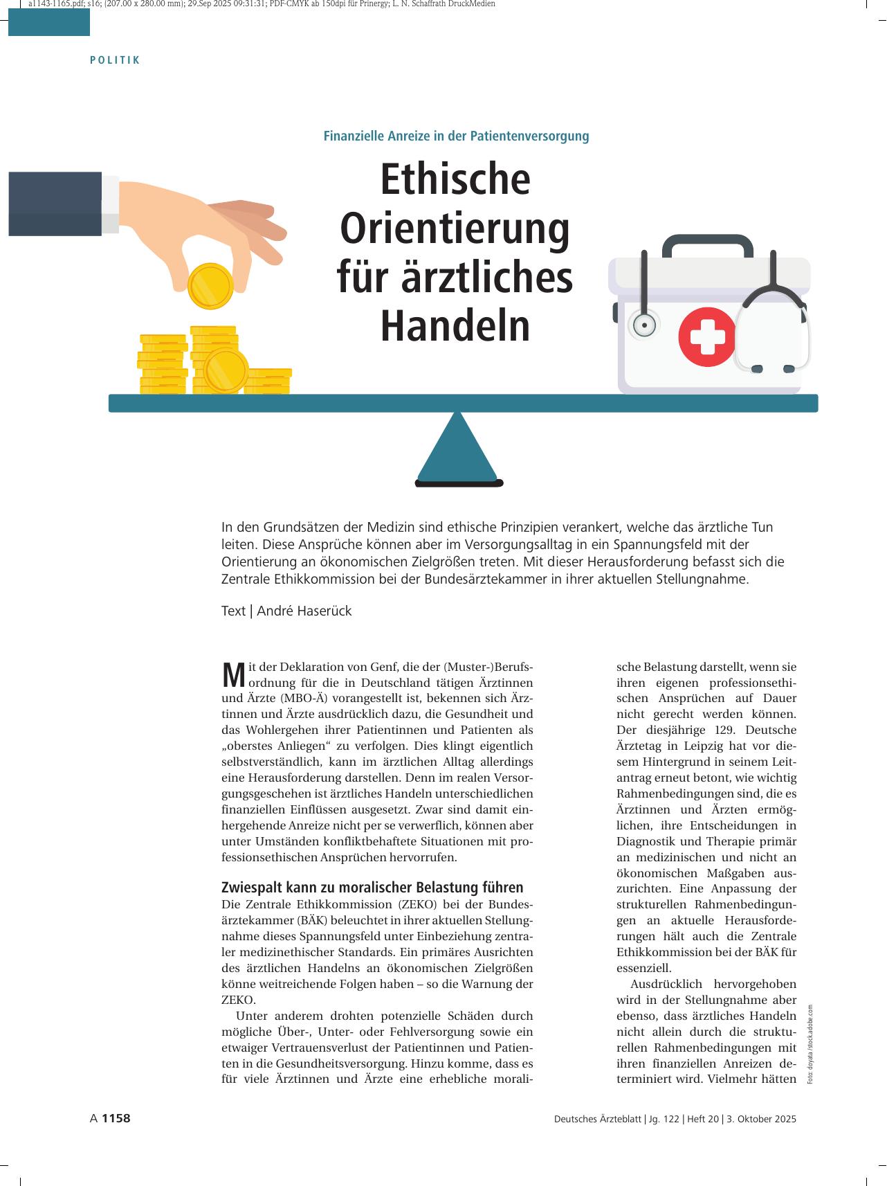 Vorschauseite 1: Finanzielle Anreize in der Patientenversorgung: Ethische Orientierung für ärztliches Handeln