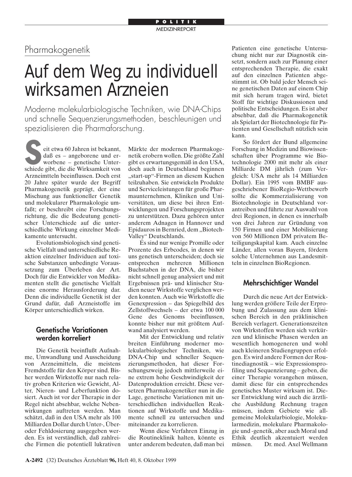 Vorschauseite 1: Pharmakogenetik: Auf dem Weg zu individuell wirksamen Arzneien