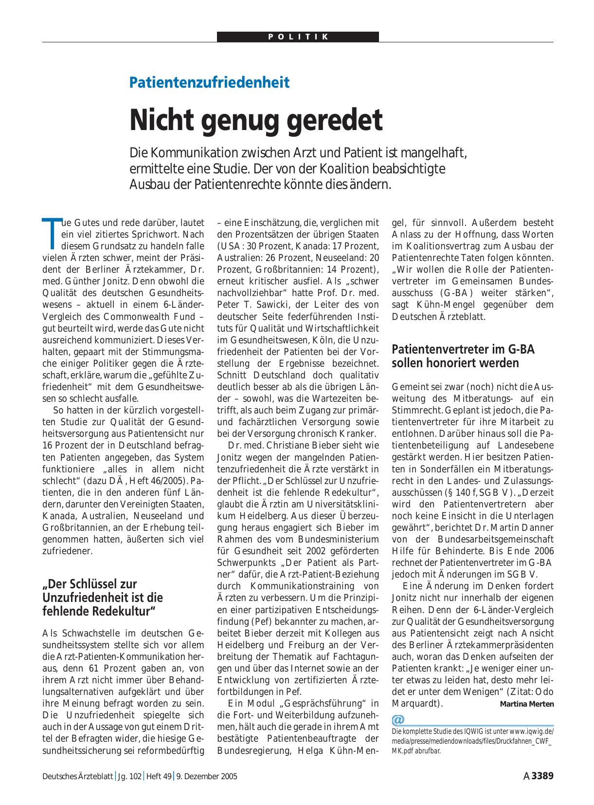 Vorschauseite 1: Patientenzufriedenheit: Nicht genug geredet