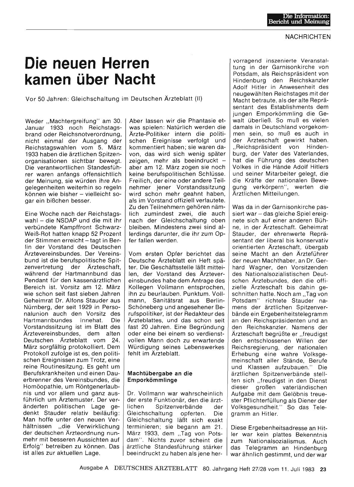 Vorschauseite 1: Die neuen Herren kamen über Nacht: Vor 50 Jahren: Gleichschaltung im Deutschen Ärzteblatt (II)