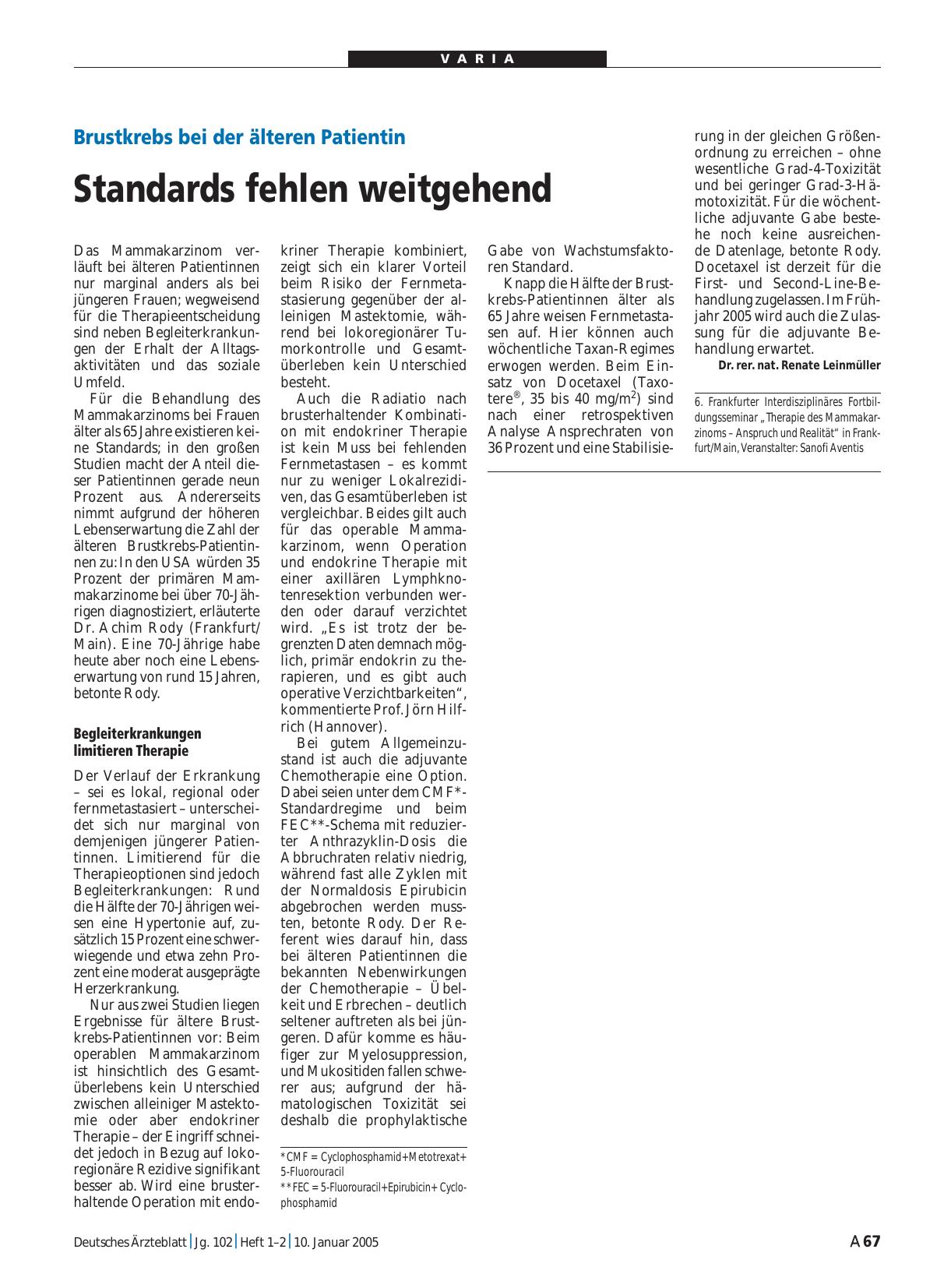 Vorschauseite 1: Brustkrebs bei der älteren Patientin: Standards fehlen weitgehend