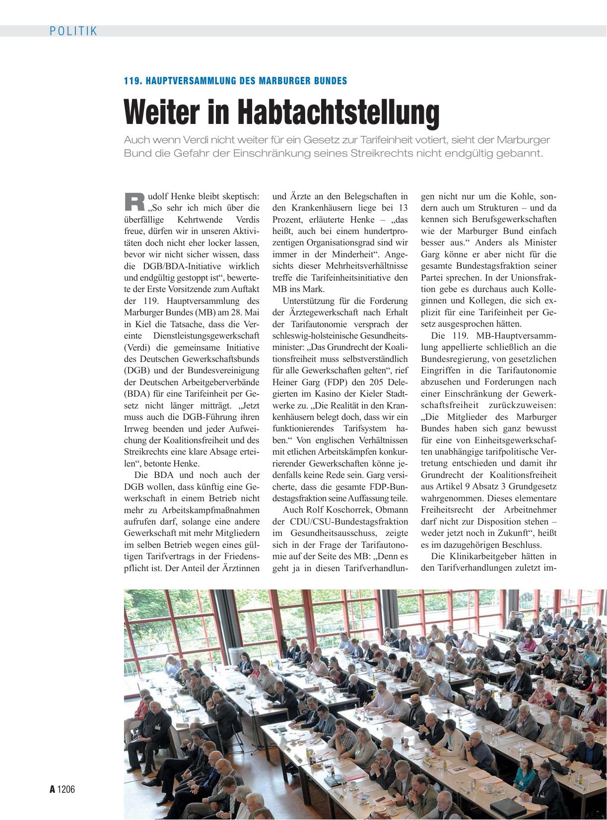Vorschauseite 1: 119. Hauptversammlung des Marburger Bundes: Weiter in Habtachtstellung