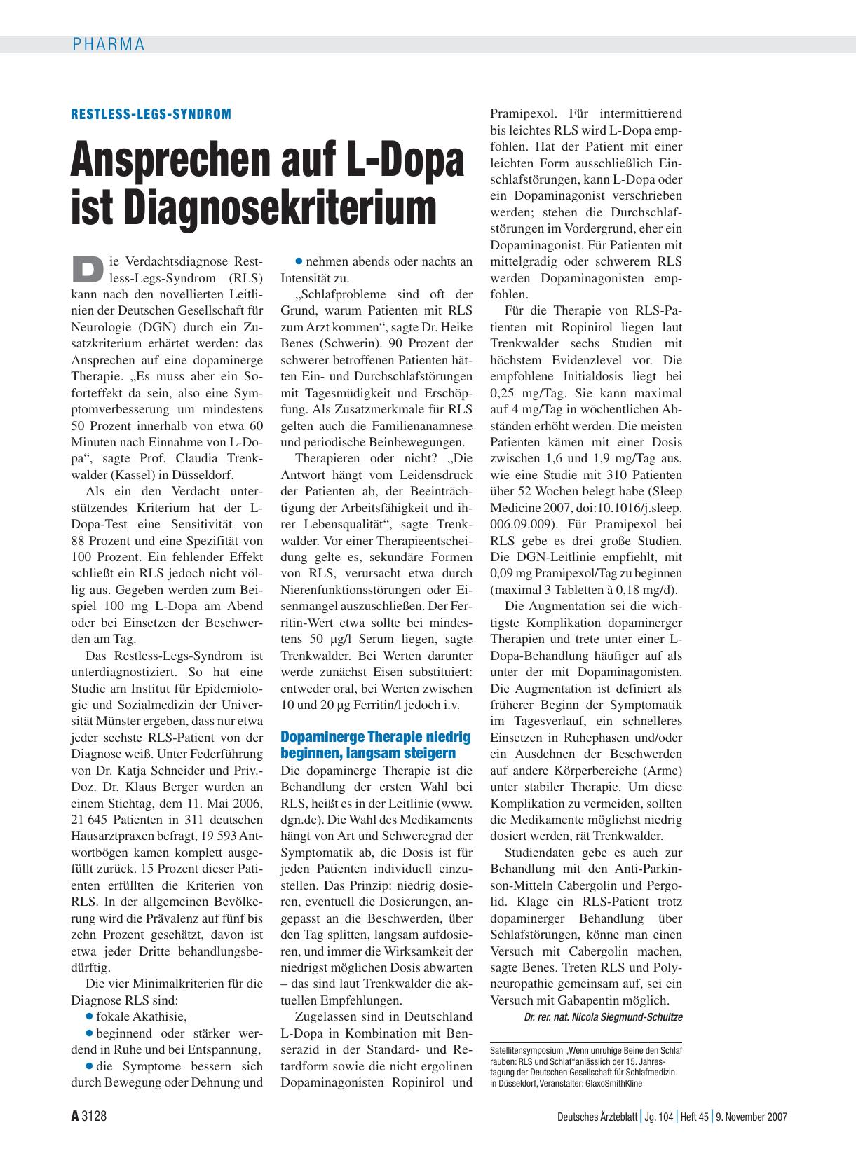 Vorschauseite 1: Restless-Legs-Syndrom: Ansprechen auf L-Dopa ist Diagnosekriterium