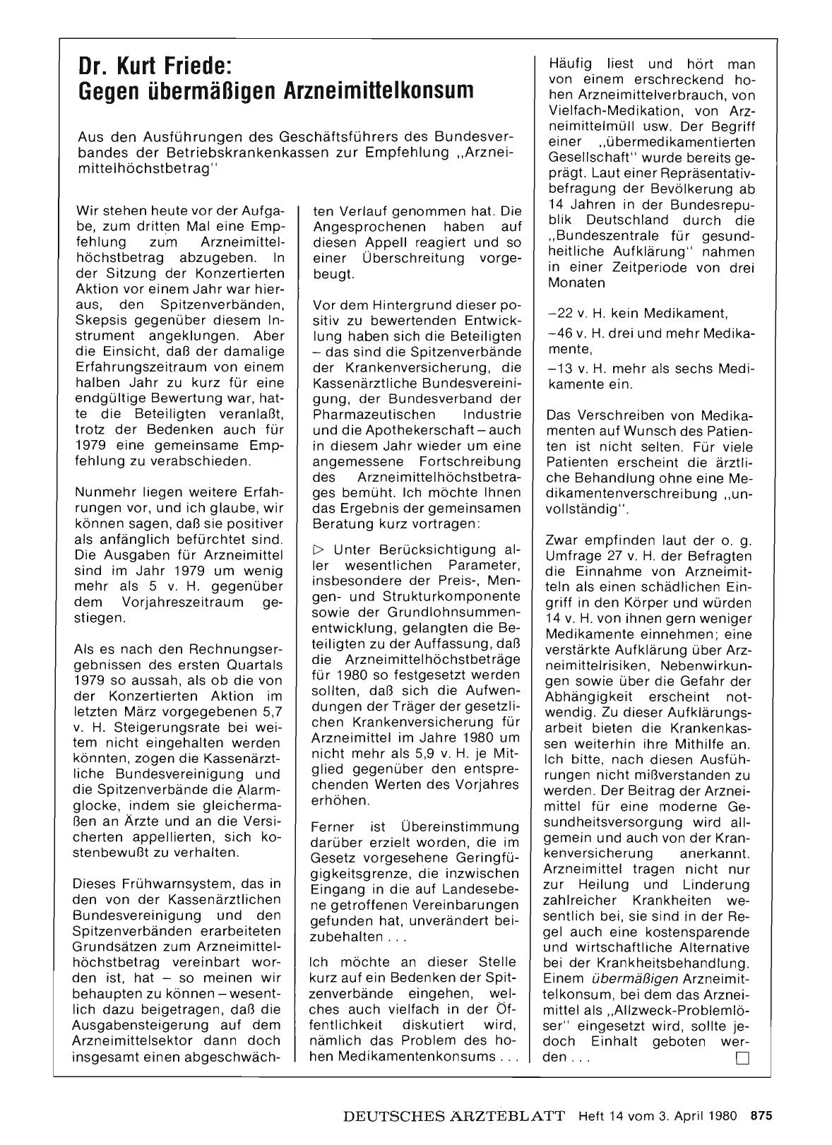 Vorschauseite 1: Dr. Kurt Friede: Gegen übermäßigen Arzneimittelkonsum