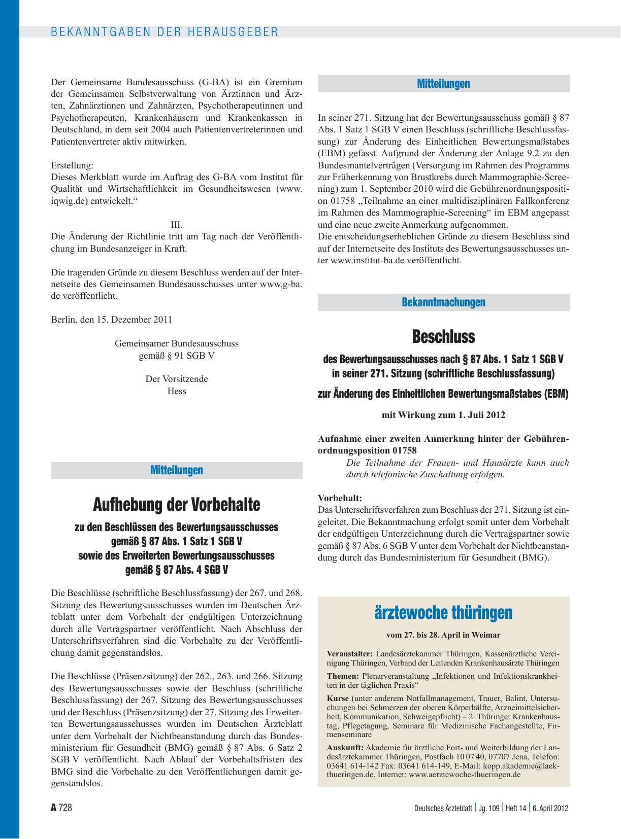 Vorschauseite 1: Aufhebung der Vorbehalte zu den Beschlüssen des Bewertungsausschusses gemäß § 87 Abs. 1 Satz 1 SGB V sowie des Erweiterten Bewertungsausschusses gemäß § 87 Abs. 4 SGB V