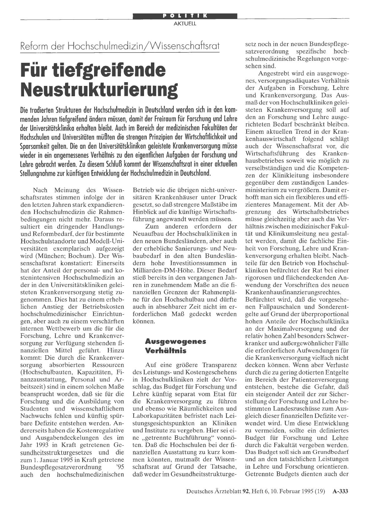 Vorschauseite 1: Reform der Hochschulmedizin/Wissenschaftsrat: Für tiefgreifende Neustrukturierung