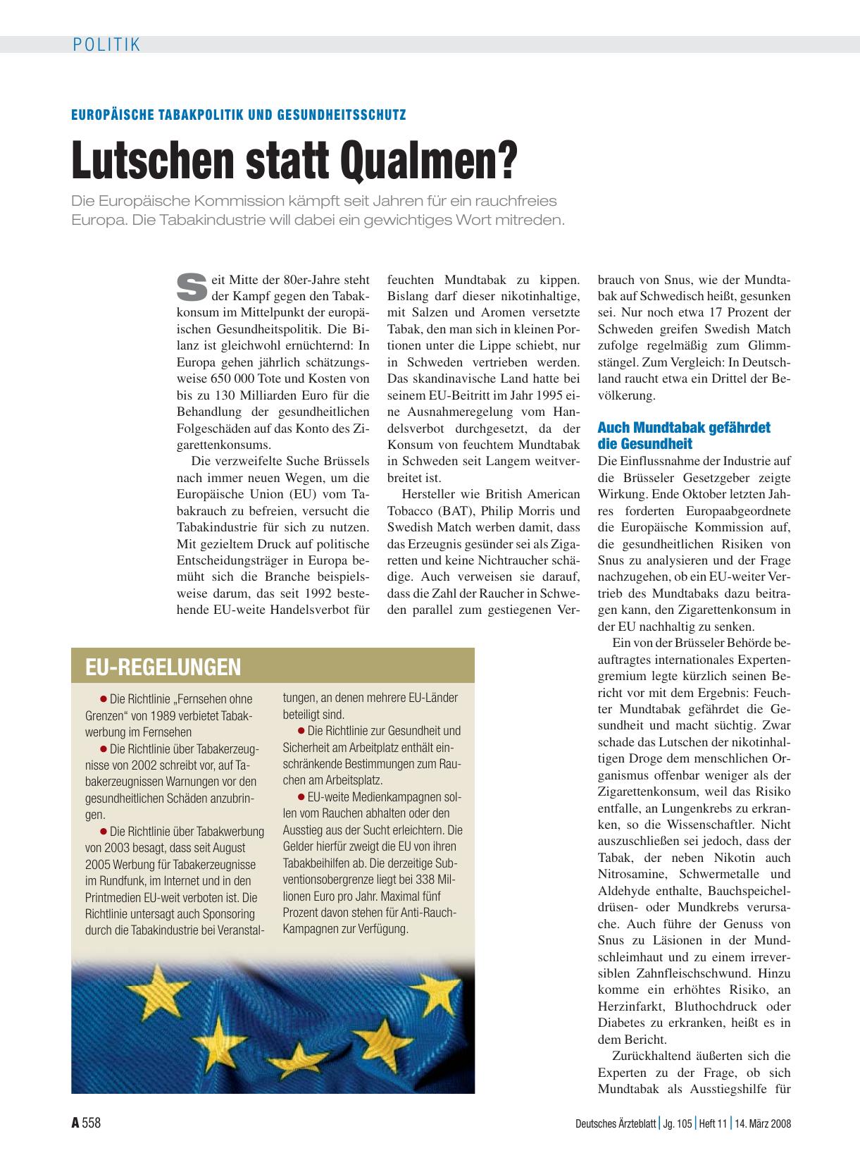 Vorschauseite 1: Europäische Tabakpolitik und Gesundheitsschutz: Lutschen statt Qualmen?