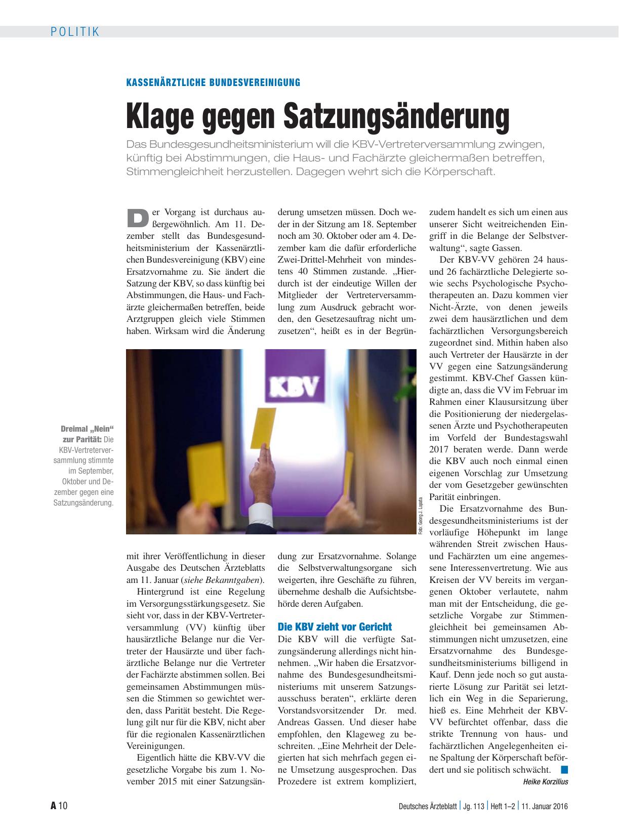 Vorschauseite 1: Kassenärztliche Bundesvereinigung: Klage gegen Satzungsänderung