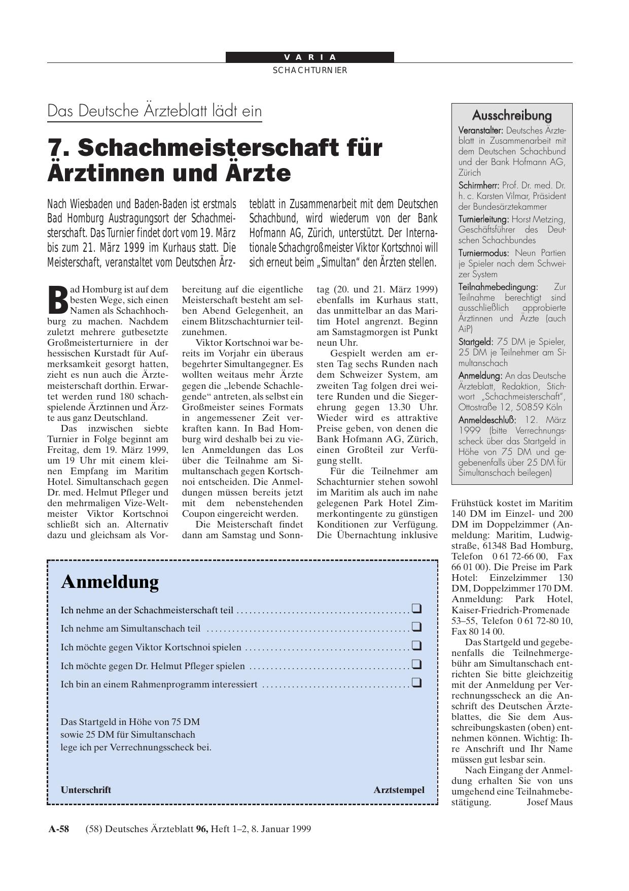 Vorschauseite 1: Das Deutsche Ärzteblatt lädt ein: 7. Schachmeisterschaft für Ärztinnen und Ärzte