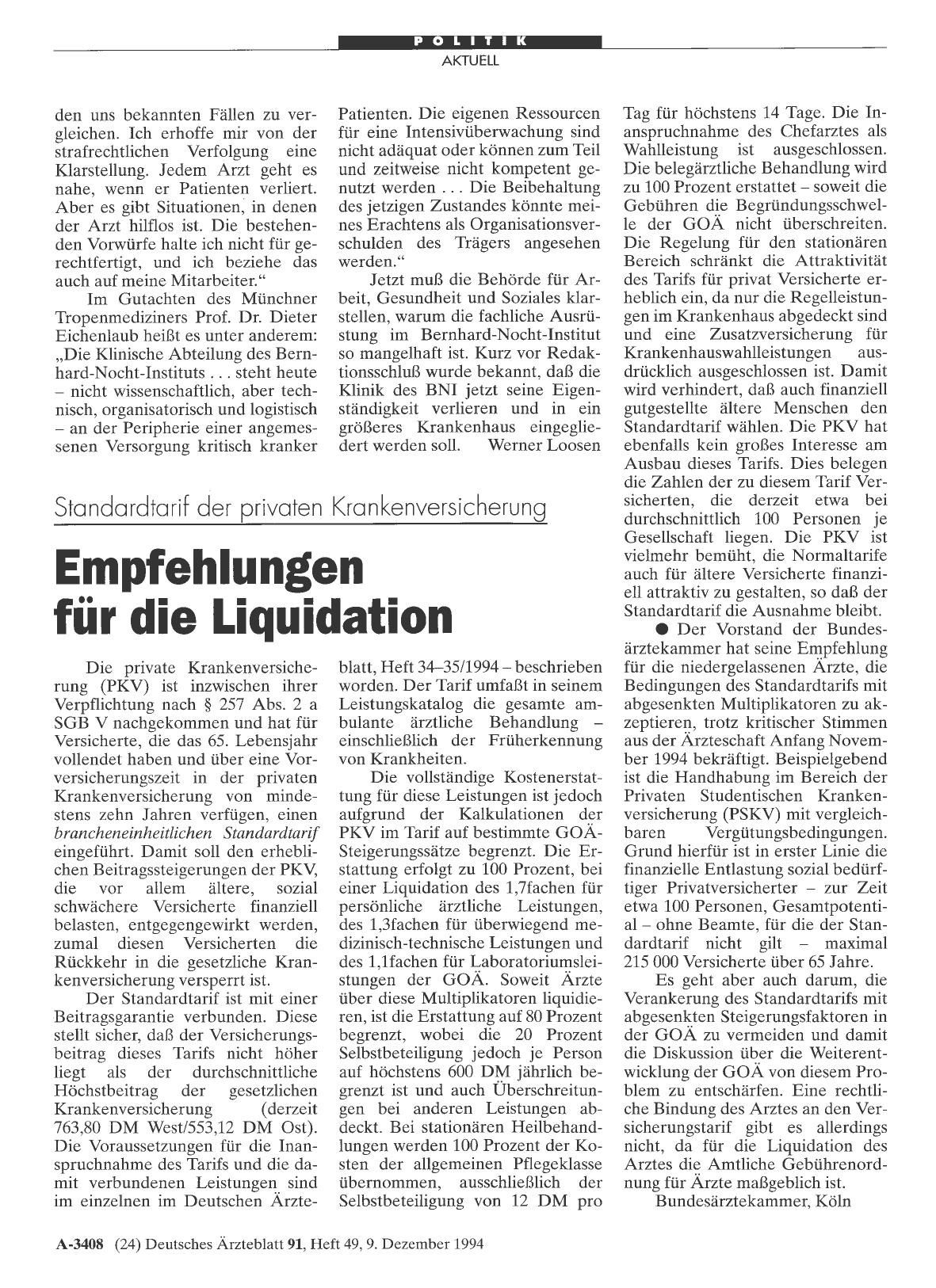 Vorschauseite 1: Standardtarif der privaten Krankenversicherung: Empfehlungen für die Liquidation