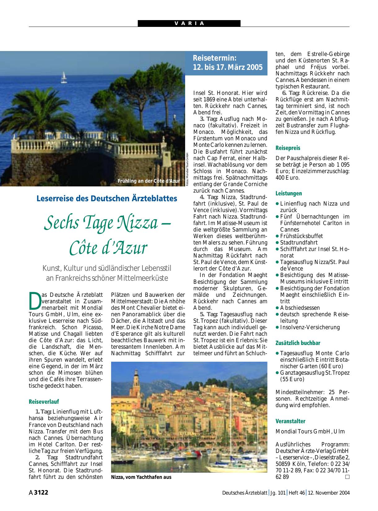 Vorschauseite 1: Leserreise des Deutschen Ärzteblattes: Sechs Tage Nizza – Côte d’Azur