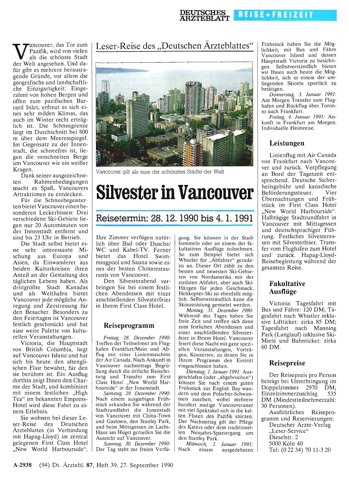 Vorschauseite 1: Leser-Reise des „Deutschen Ärzteblattes“: Silvester in Vancouver