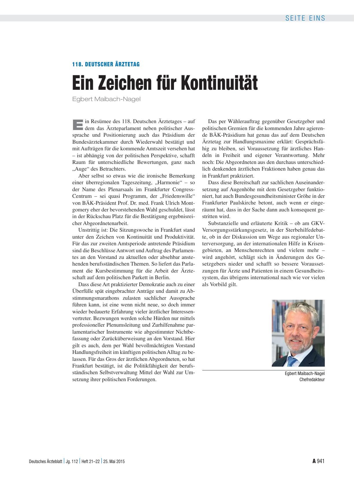 Vorschauseite 1: 118. Deutscher Ärztetag: Ein Zeichen für Kontinuität