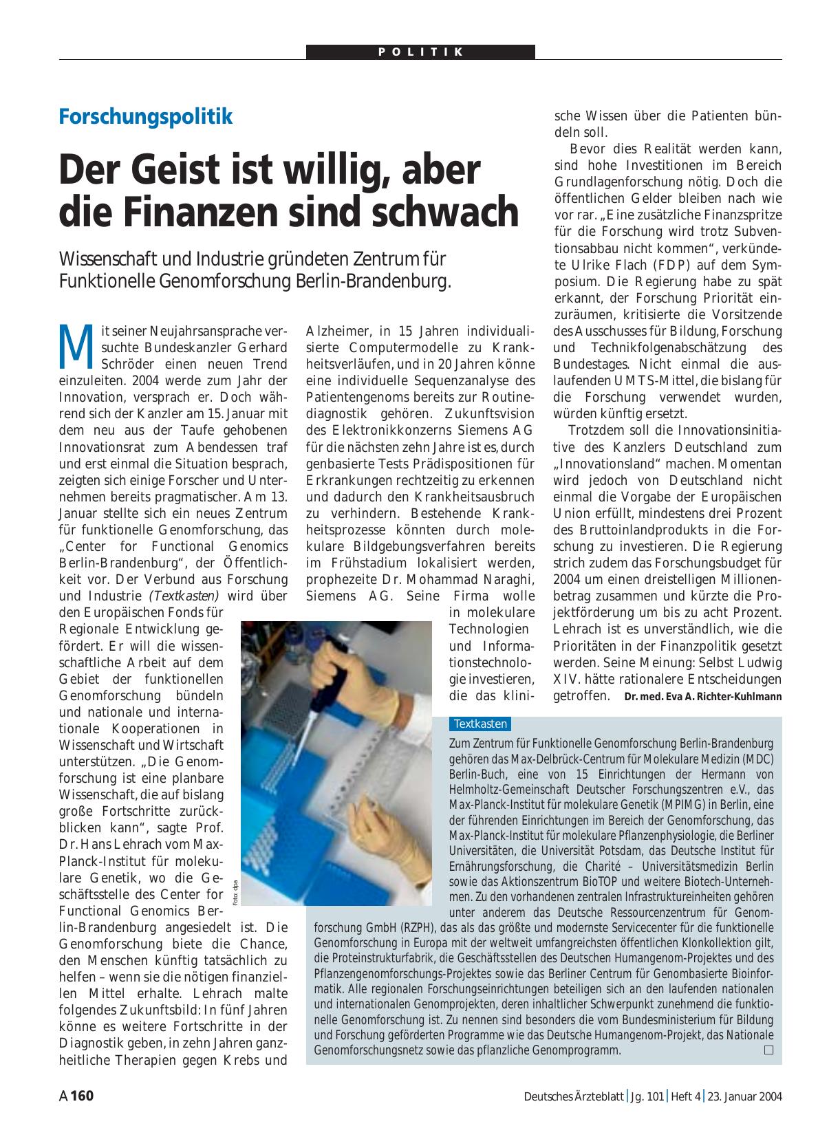 Vorschauseite 1: Forschungspolitik: Der Geist ist willig, aber die Finanzen sind schwach