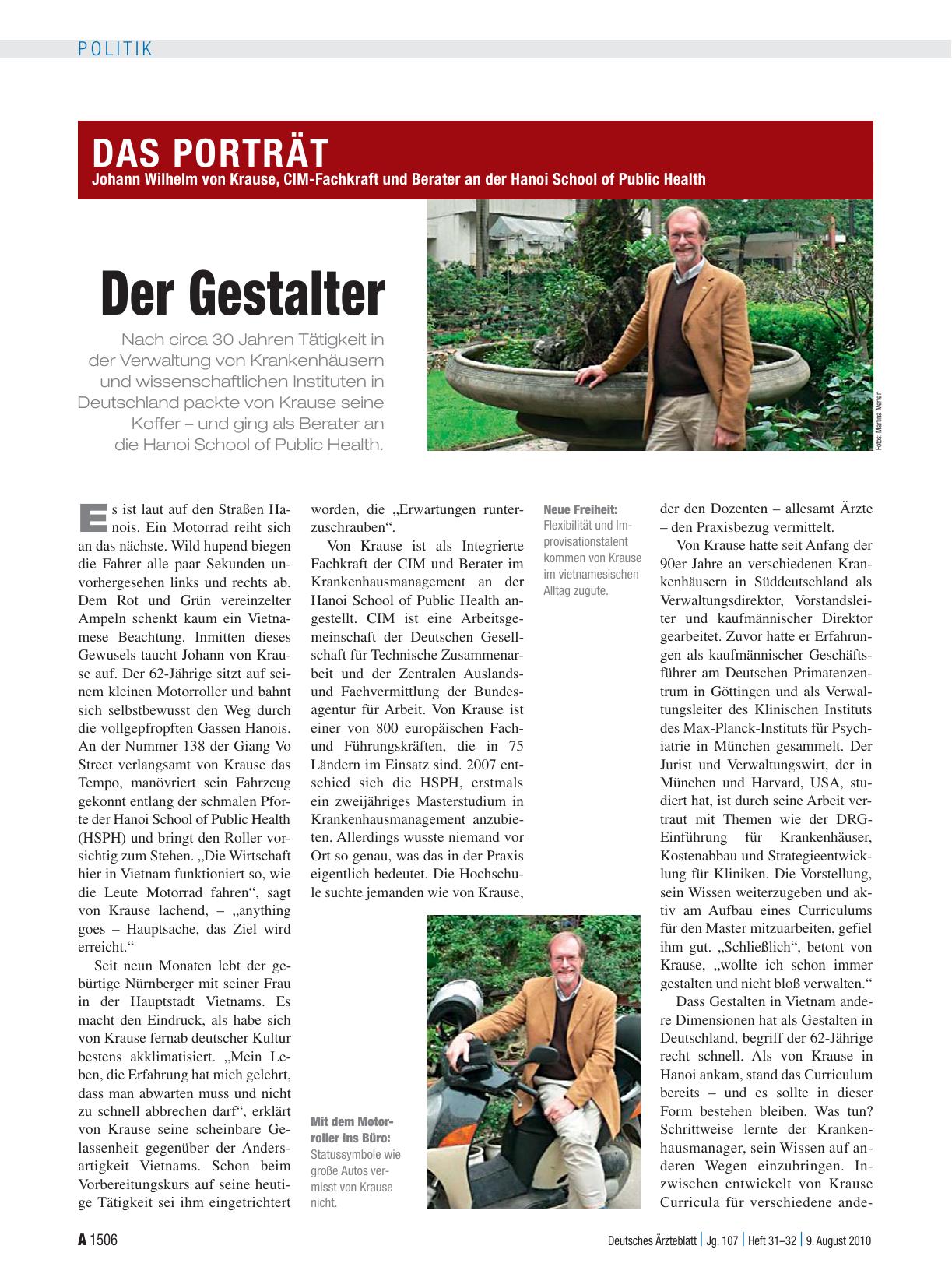 Vorschauseite 1: Johann Wilhelm von Krause, CIM-Fachkraft und Berater an der Hanoi School of Public Health: Der Gestalter