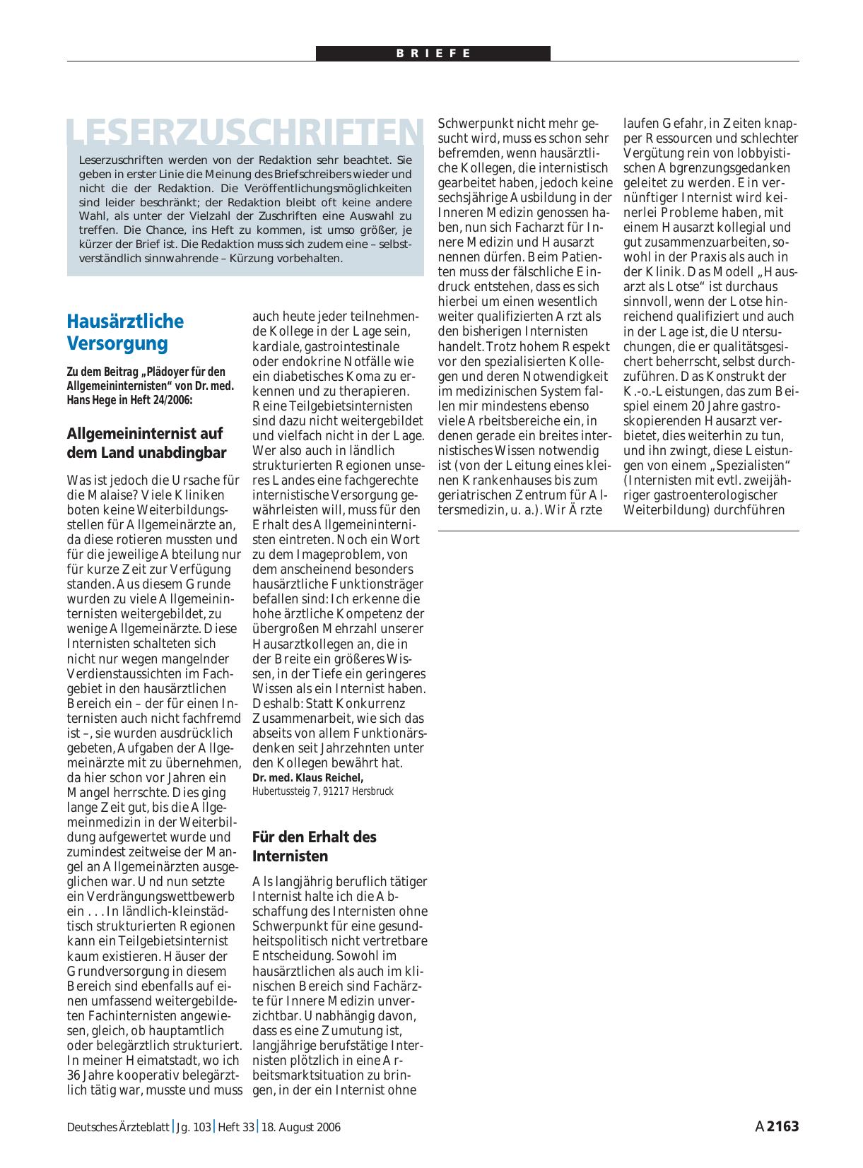 Vorschauseite 1: Hausärztliche Versorgung: Allgemeininternist auf dem Land unabdingbar