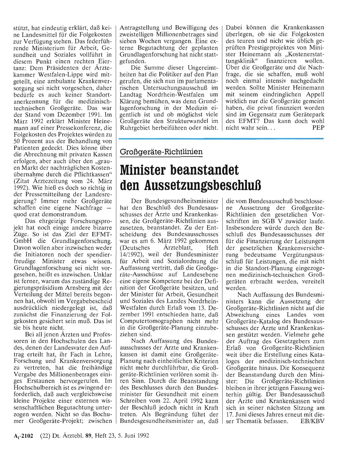 Vorschauseite 1: Großgeräte-Richtlinien: Minister beanstandet den Aussetzungsbeschluß