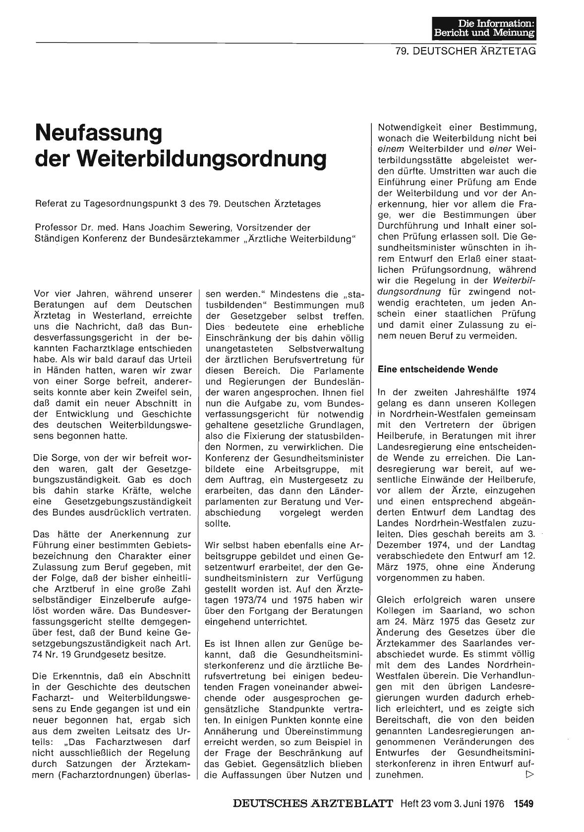 Vorschauseite 1: Neufassung der Weiterbildungsordnung: Referat zu Tagesordnungspunkt 3 des 79. Deutschen Ärztetages