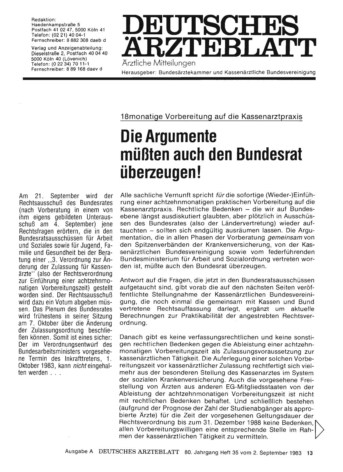 Vorschauseite 1: 18monatige Vorbereitung auf die Kassenarztpraxis: Die Argumente müßten auch den Bundesrat überzeugen!