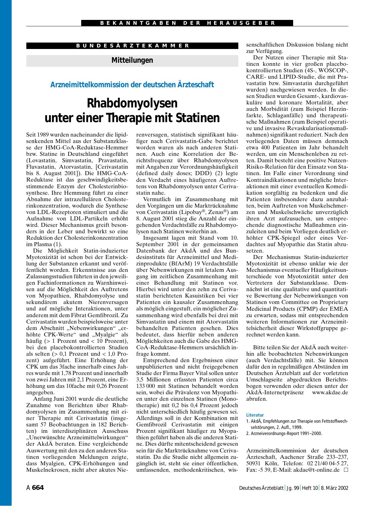 Vorschauseite 1: Mitteilungen: Arzneimittelkommission der deutschen Ärzteschaft Rhabdomyolysen unter einer Therapie mit Statinen