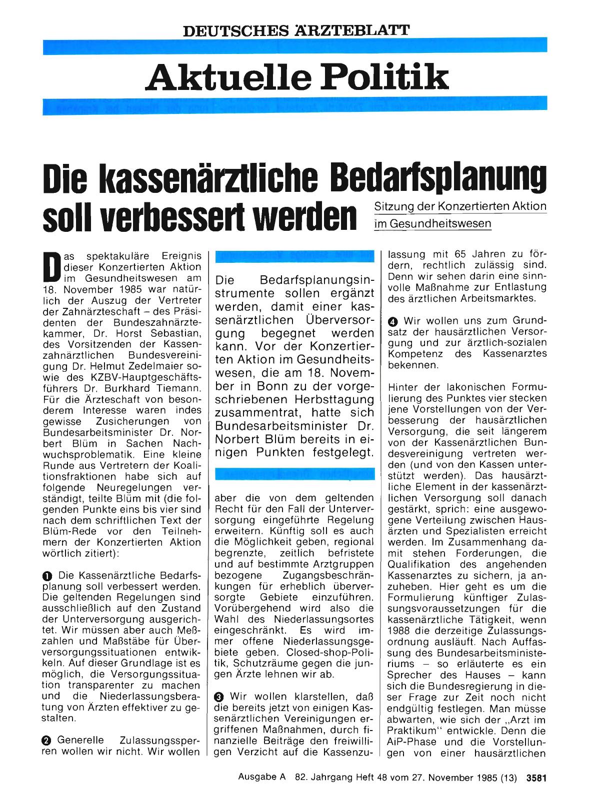 Vorschauseite 1: Sitzung der Konzertierten Aktion im Gesundheitswesen - Die kassenärztliche Bedarfsplanung soll verbessert werden