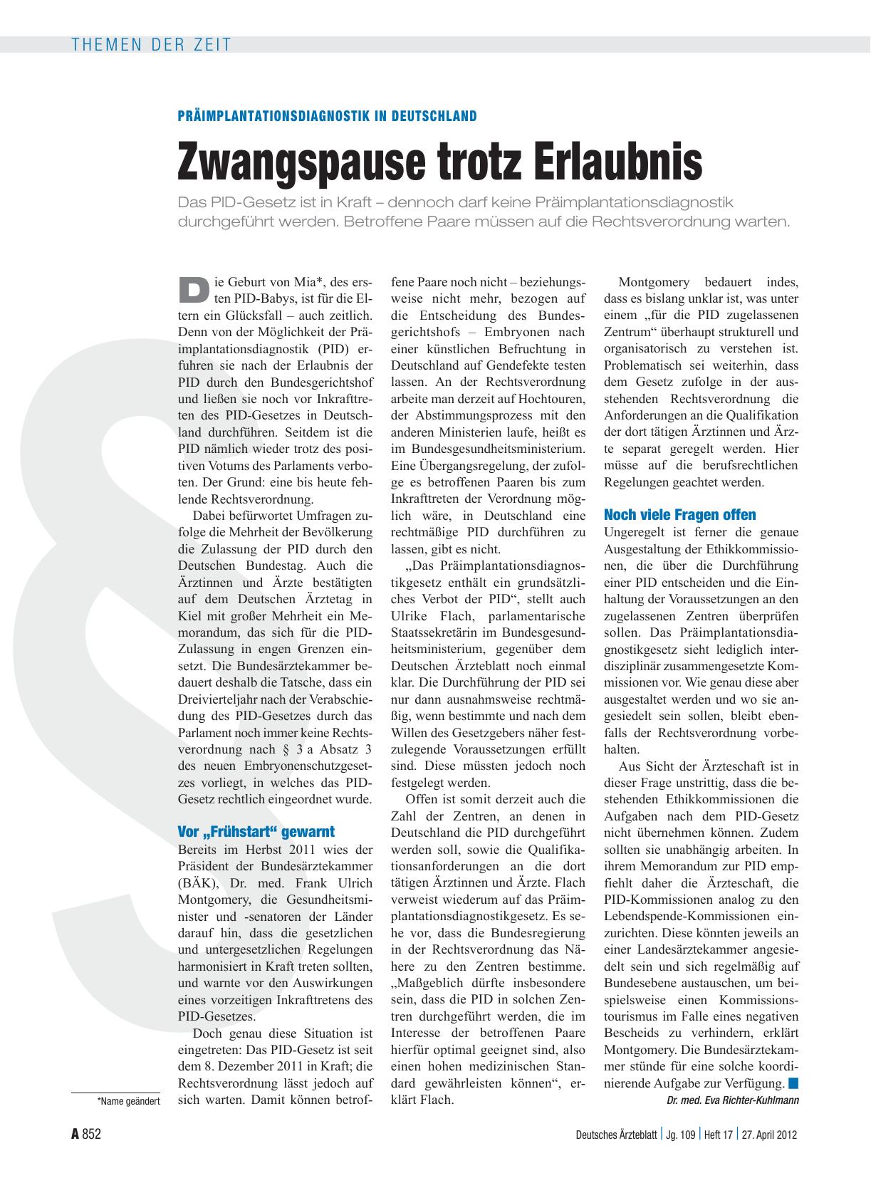 Vorschauseite 1: Präimplantationsdiagnostik in Deutschland: Zwangspause trotz Erlaubnis