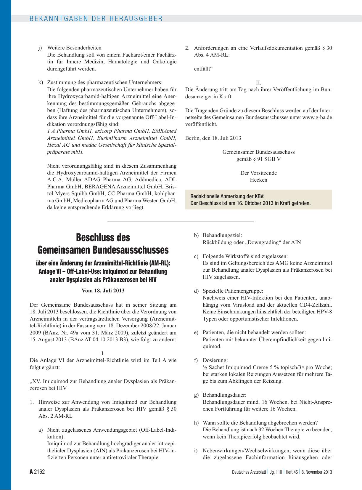Vorschauseite 1: Beschluss des Gemeinsamen Bundesausschusses über eine Änderung der Arzneimittel-Richtlinie (AM-RL): Anlage VI – Off-Label-Use: Imiquimod zur Behandlung analer Dysplasien als Präka…