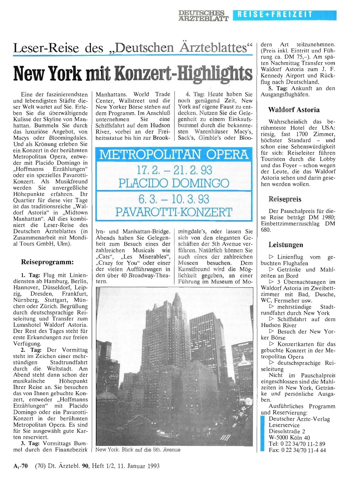 Vorschauseite 1: Leser-Reise des „Deutschen Ärzteblattes“: New York mit Konzert-Highlights