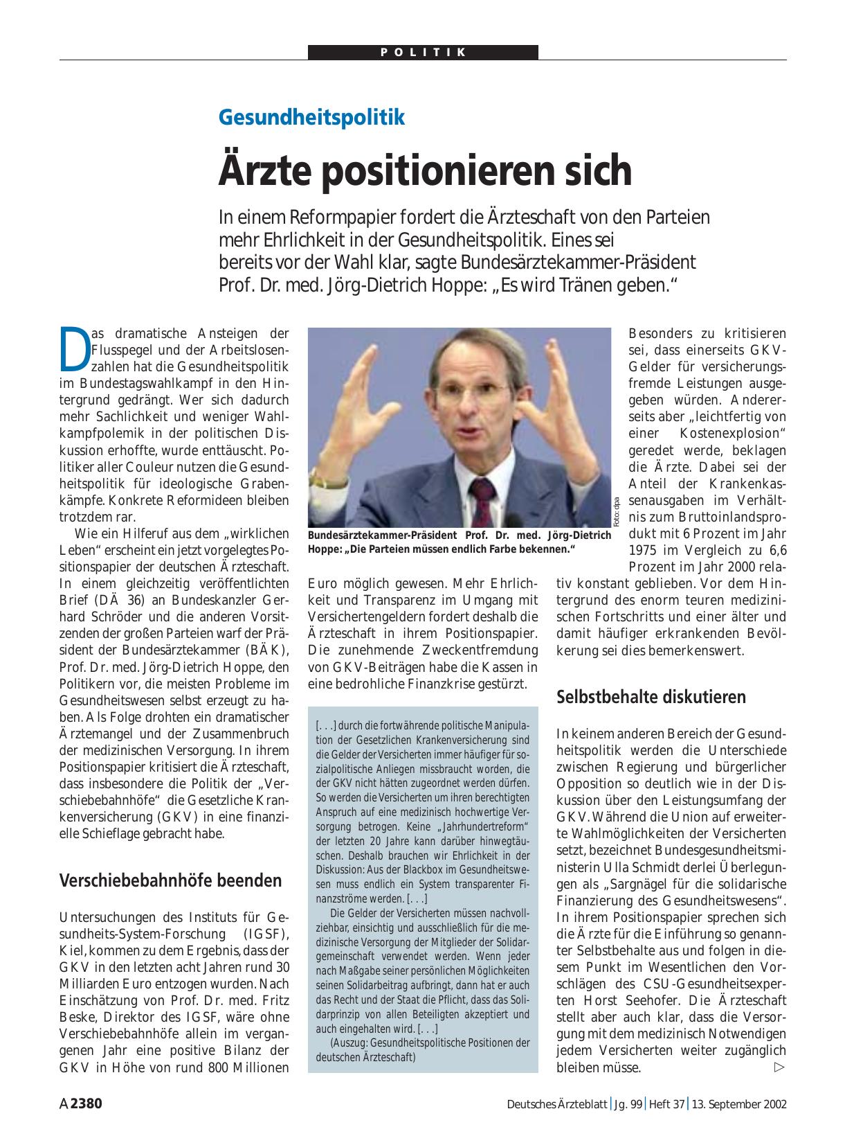 Vorschauseite 1: Gesundheitspolitik: Ärzte positionieren sich