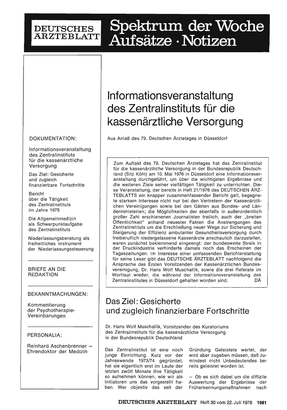 Vorschauseite 1: Informationsveranstaltung des Zentralinstituts für die kassenärztliche Versorgung