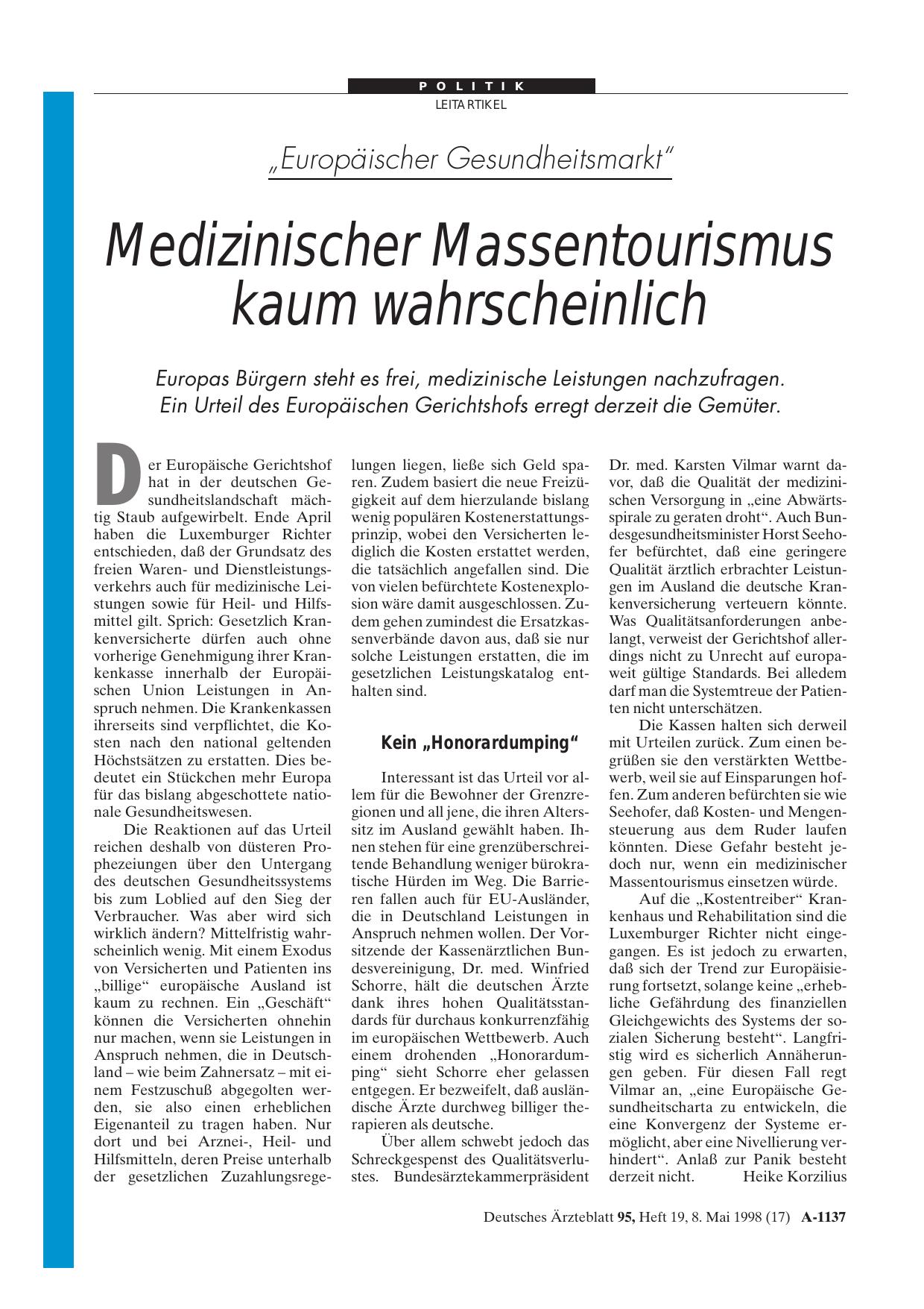 Vorschauseite 1: „Europäischer Gesundheitsmarkt„: Medizinischer Massentourismus kaum wahrscheinlich