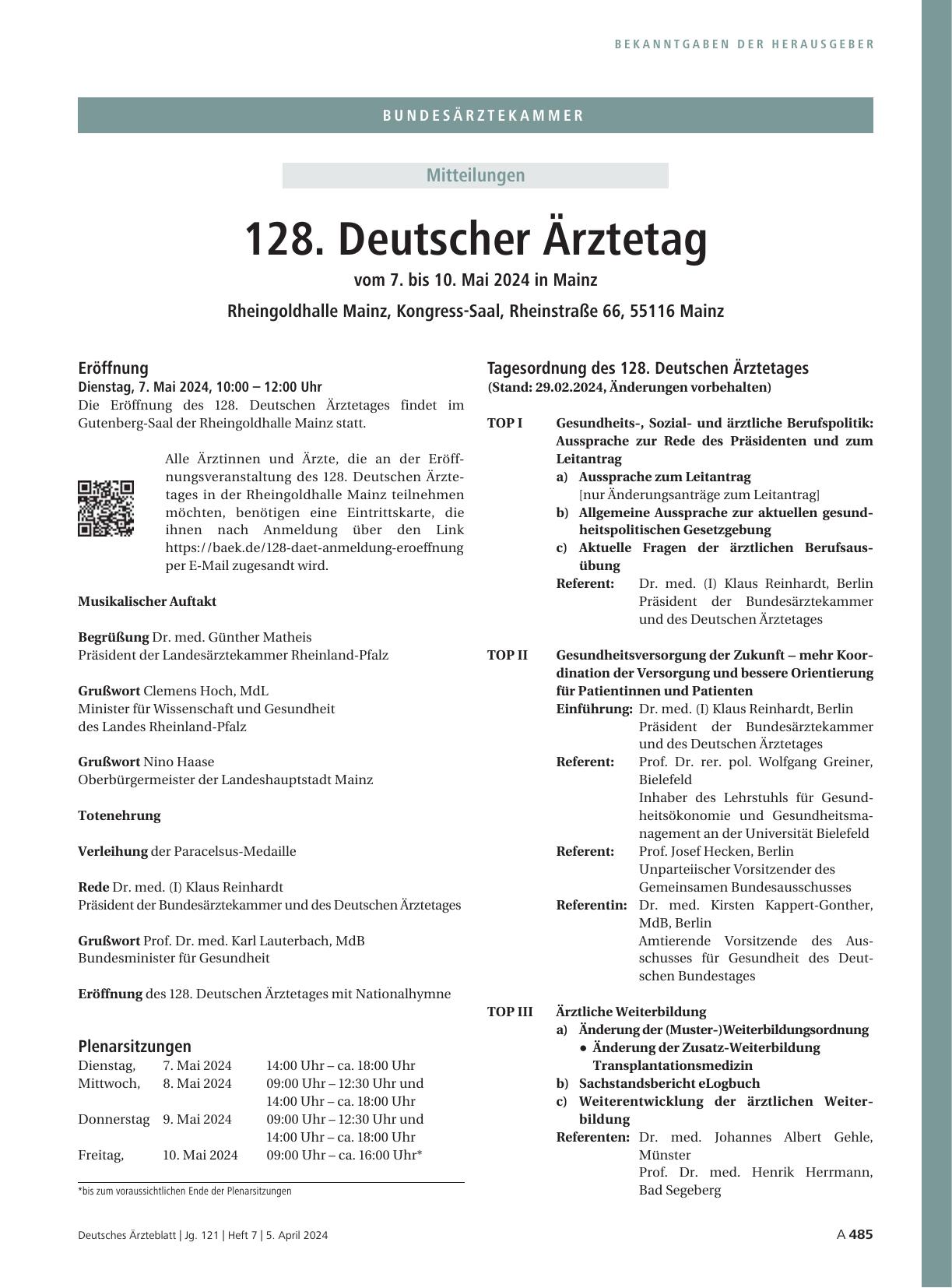Vorschauseite 1: 128. Deutscher Ärztetag vom 7. bis 10. Mai 2024 in Mainz