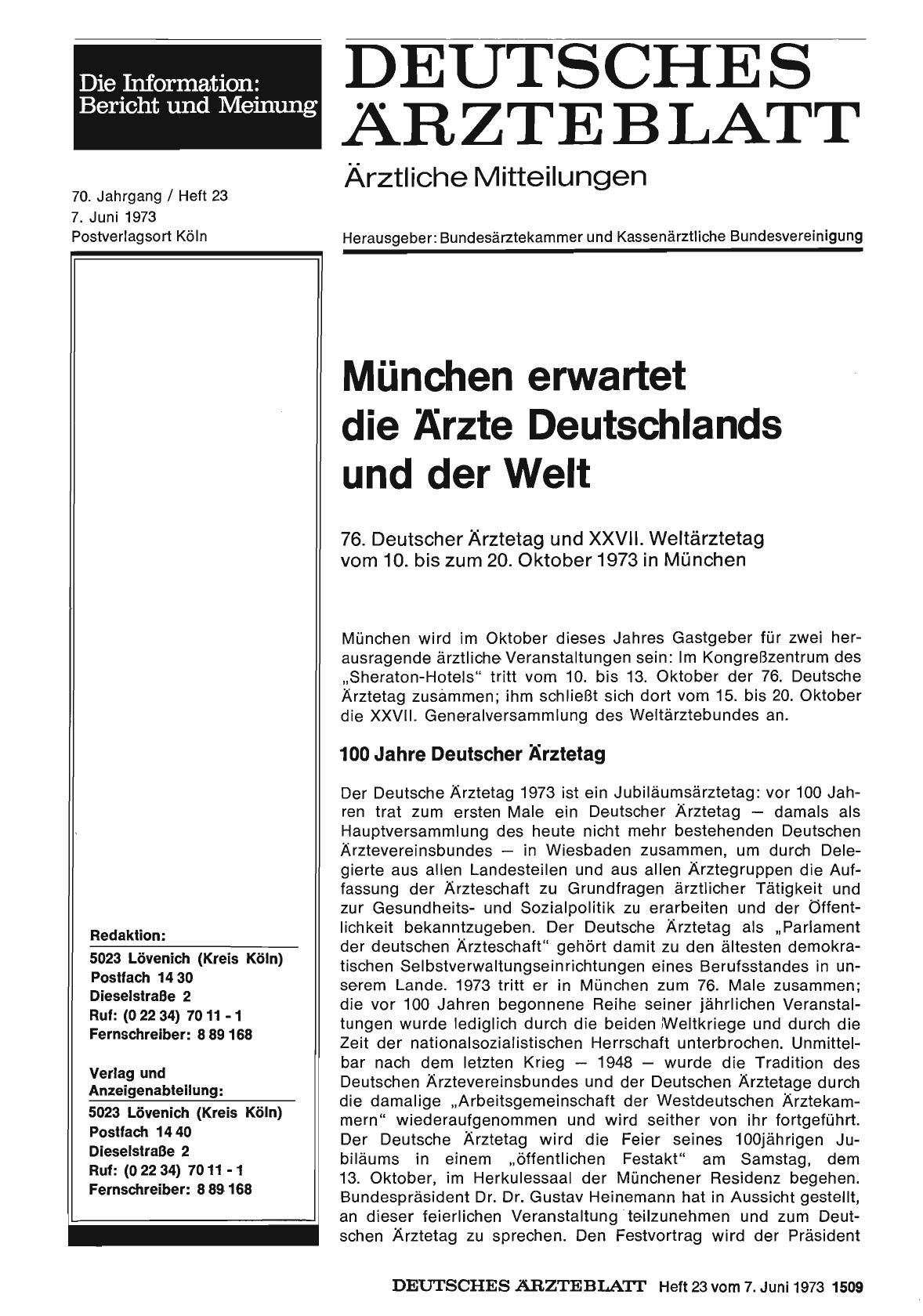 Vorschauseite 1: München erwartet die Ärzte Deutschlands und der Welt: 76. Deutscher Ärztetag und XXVII. Weltärztetag vom 10. bis zum 20. Oktober 1973 in München