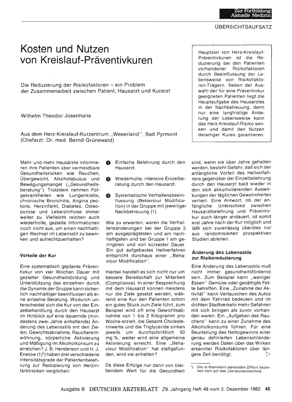 Vorschauseite 1: Kosten und Nutzen von Kreislauf-Präventivkuren: Die Reduzierung der Risikofaktoren — ein Problem der Zusammenarbeit zwischen Patient, Hausarzt und Kurarzt
