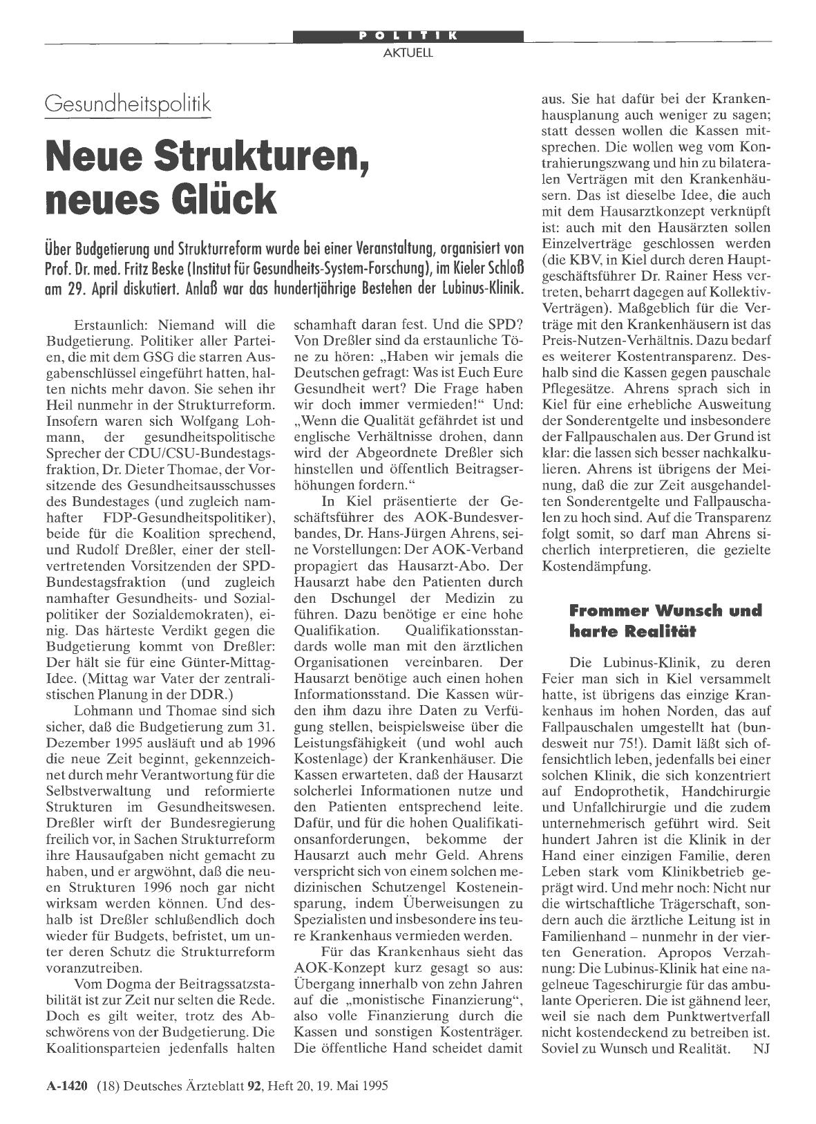 Vorschauseite 1: Gesuncheitspolitik: Neue Strukturen, neues Glück