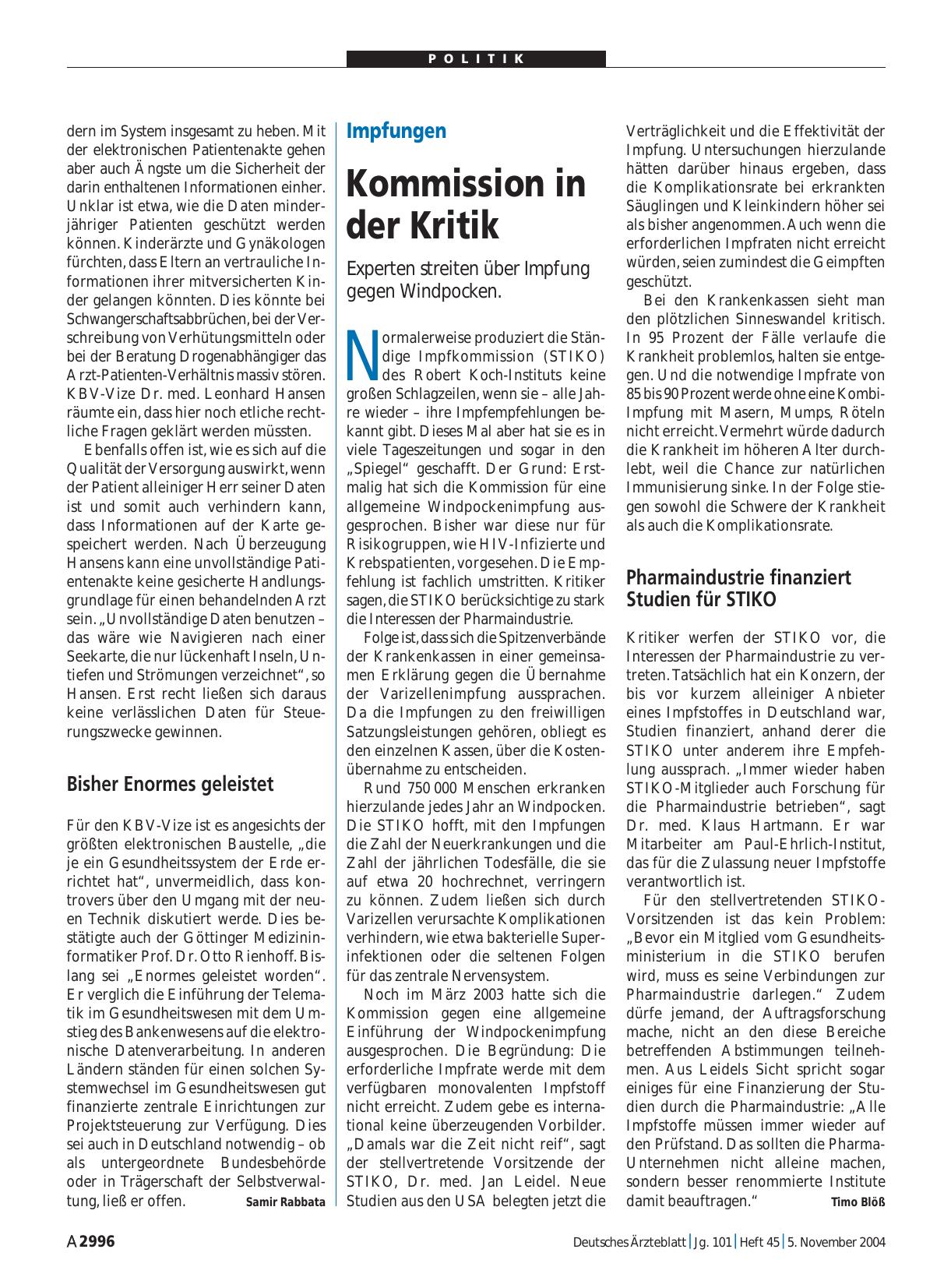 Vorschauseite 1: Impfungen: Kommission in der Kritik