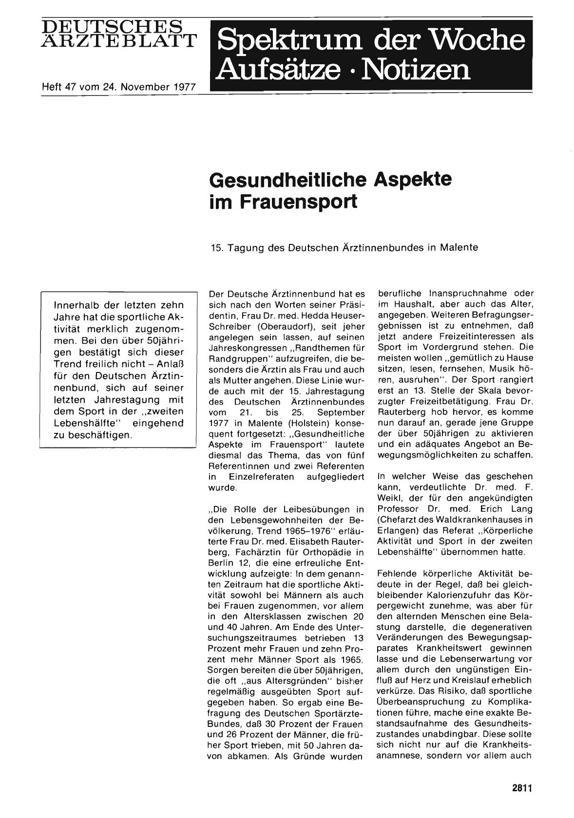 Vorschauseite 1: Gesundheitliche Aspekte im Frauensport: 15. Tagung des Deutschen Ärztinnenbundes in Malente