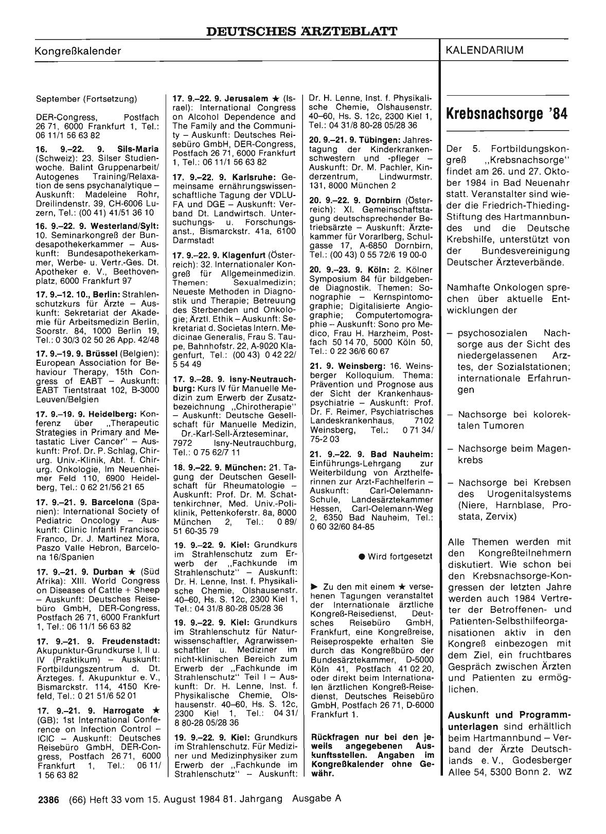 Vorschauseite 1: Krebsnachsorge '84