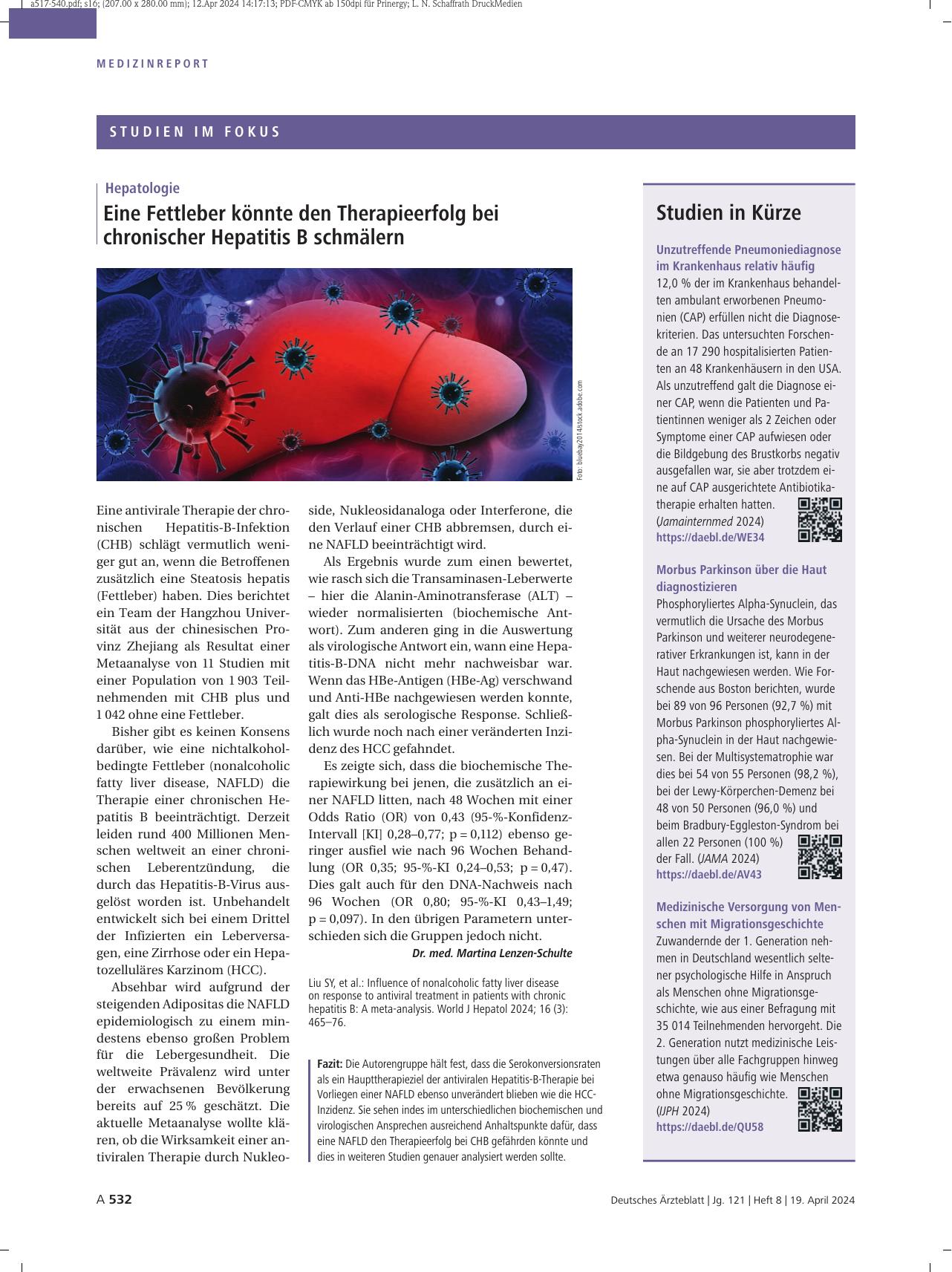 Vorschauseite 1: Hepatologie: Eine Fettleber könnte den Therapieerfolg bei chronischer Hepatitis B schmälern.