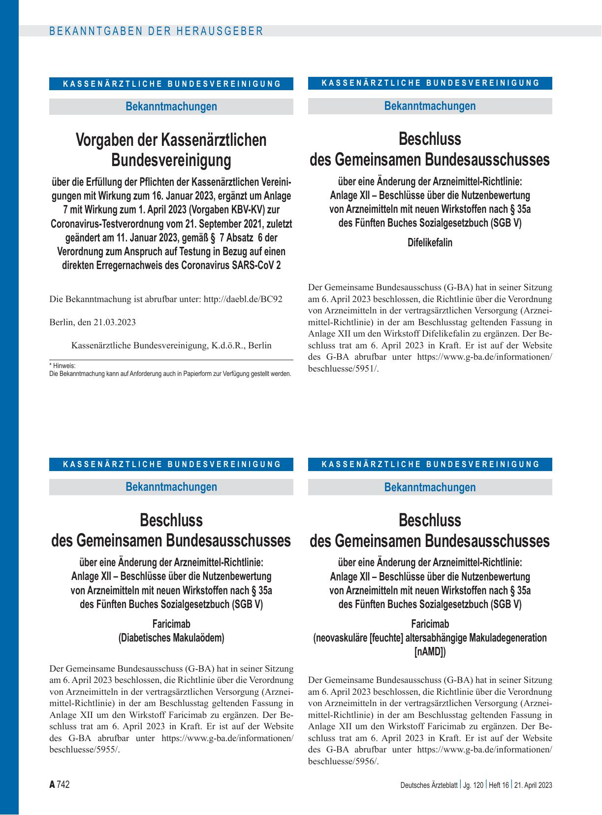 Vorschauseite 1: Beschluss des Gemeinsamen Bundesausschusses über eine Änderung der Arzneimittel-Richtlinie: Anlage XII – Faricimab (neovaskuläre [feuchte] altersabhängige Makuladegeneration [nAMD…