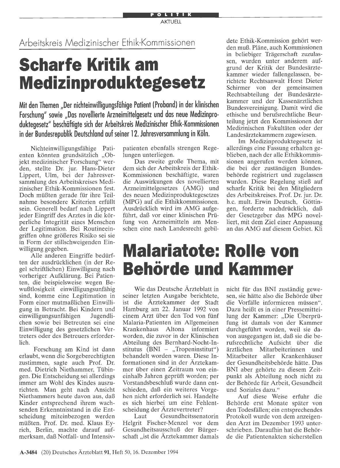 Vorschauseite 1: Arbeitskreis Medizinischer Ethik-Kommissionen: Scharfe Kritik am Medizinproduktegesetz