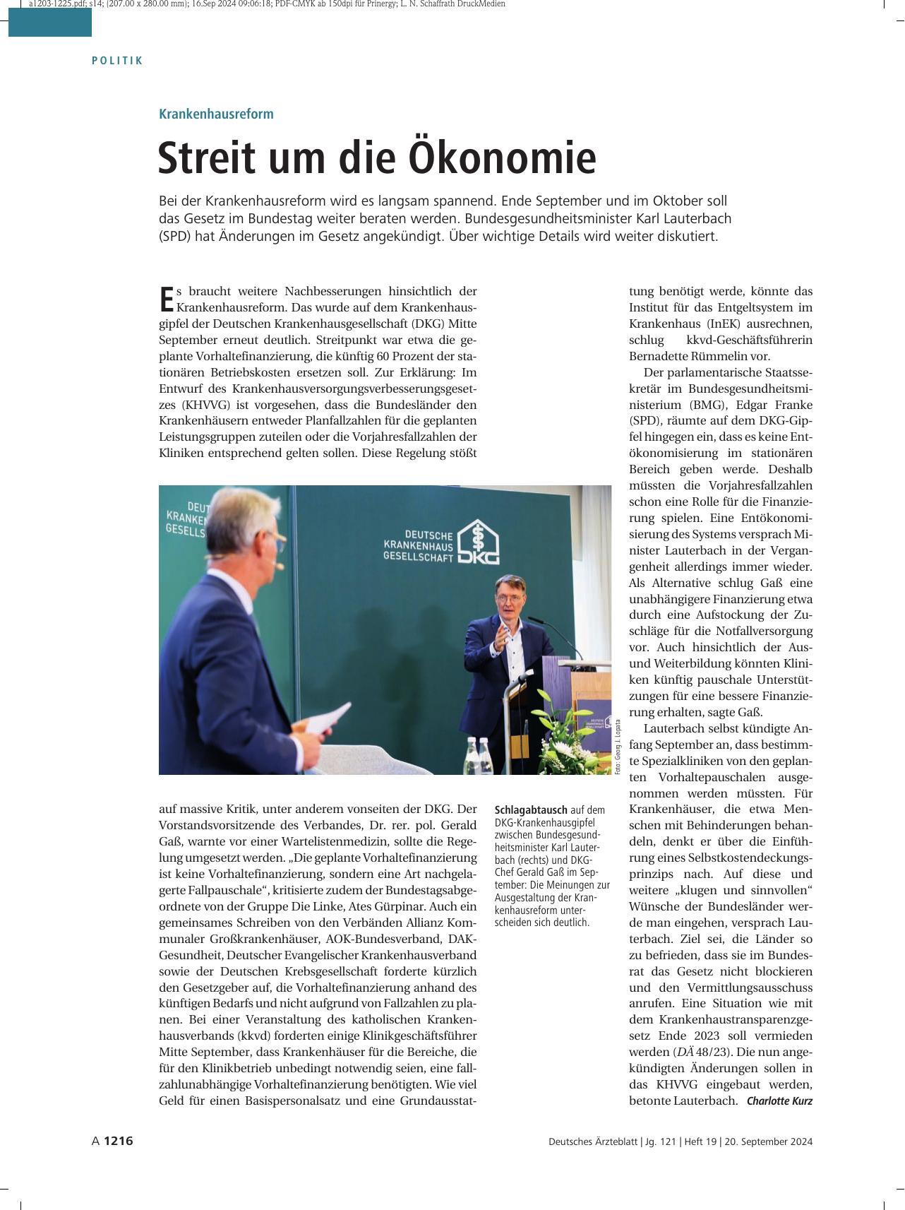 Vorschauseite 1: Krankenhausreform: Streit um die Ökonomie