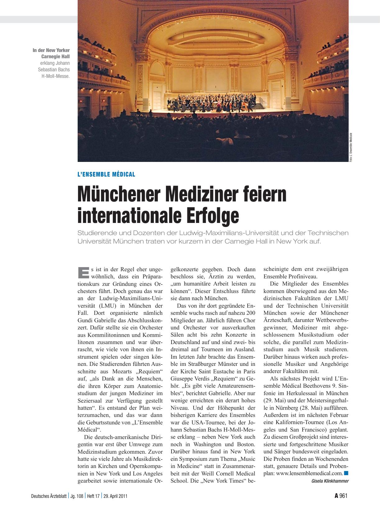 Vorschauseite 1: L’Ensemble médical: Münchener Mediziner feiern internationale Erfolge