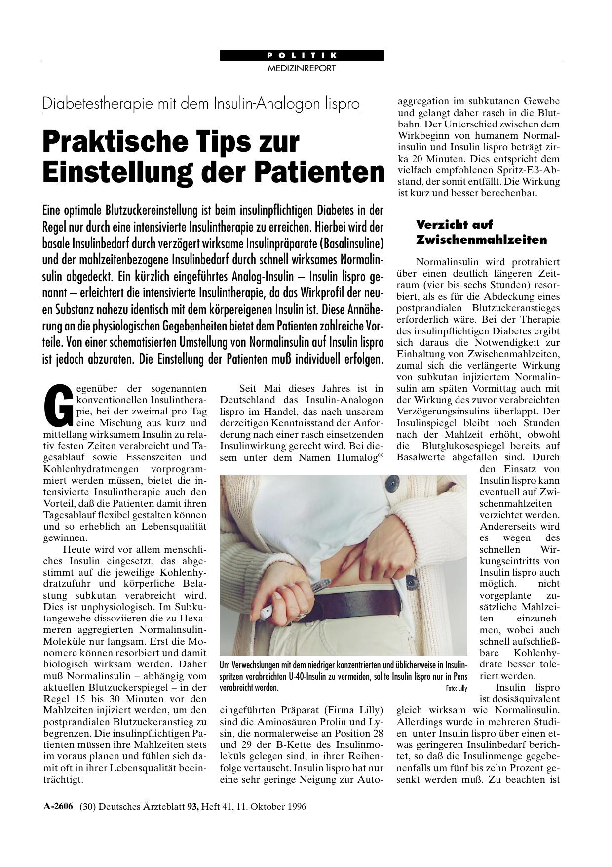 Vorschauseite 1: Diabetestherapie mit dem Insulin-Analogon lispro: Praktische Tips zur Einstellung der Patienten