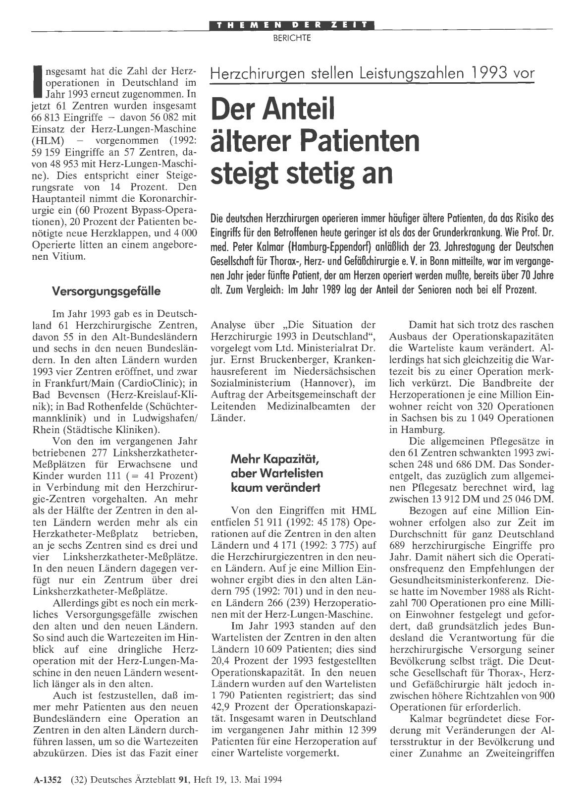 Vorschauseite 1: Herzchirurgen stellen Leistungszahlen 1993 vor: Der Anteil älterer Patienten steigt stetig an