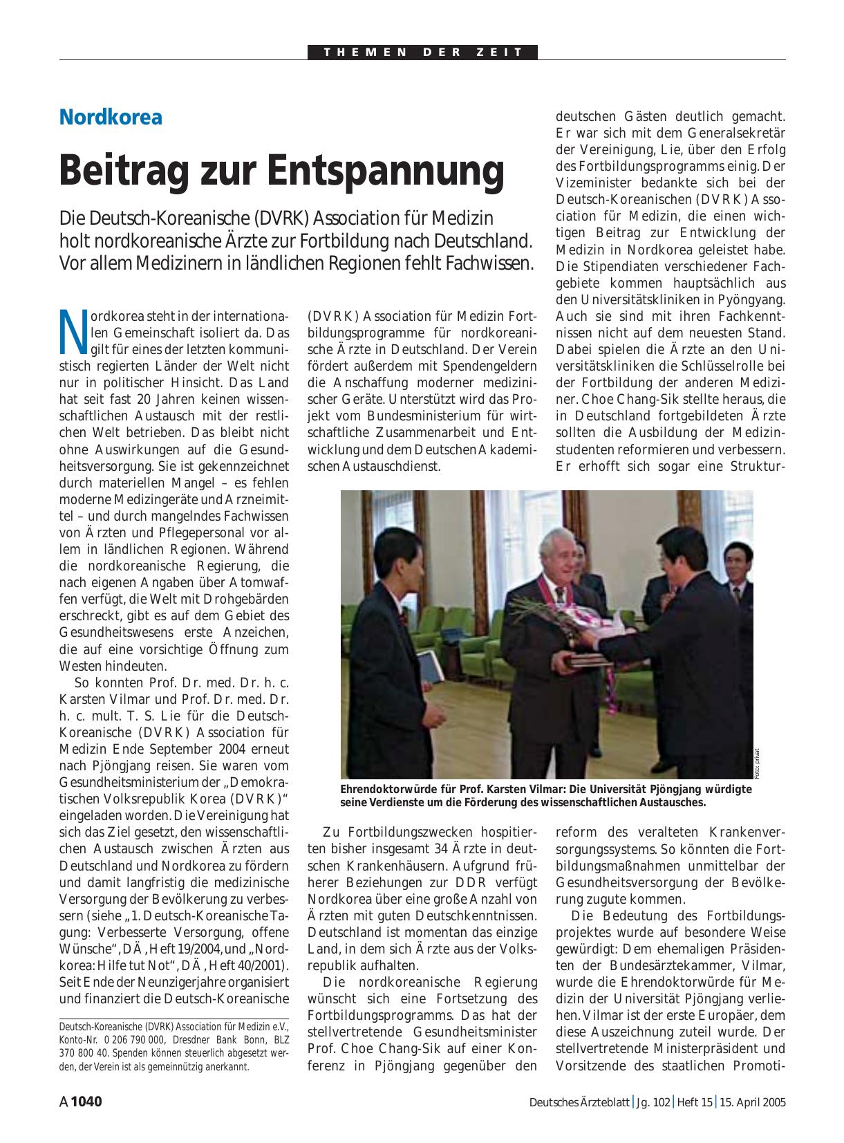 Vorschauseite 1: Nordkorea: Beitrag zur Entspannung
