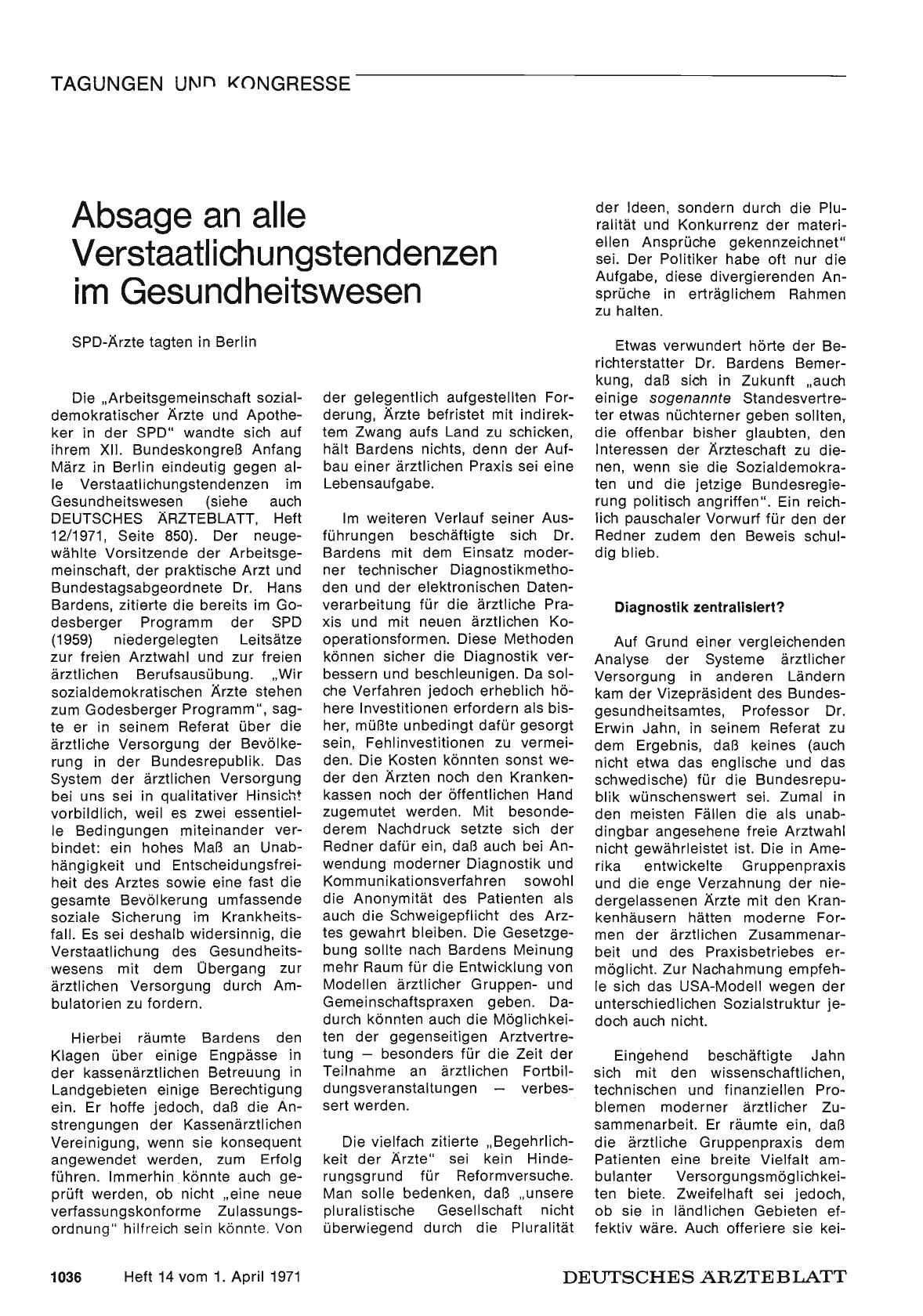 Vorschauseite 1: Absage an alle Verstaatlichungstendenzen im Gesundheitswesen