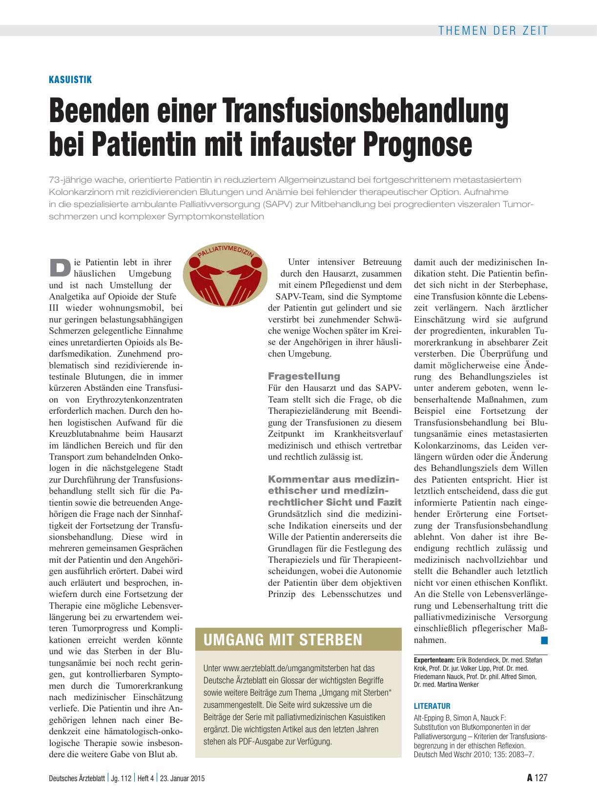 Vorschauseite 1: Kasuistik: Beenden einer Transfusionsbehandlung bei Patientin mit infauster Prognose