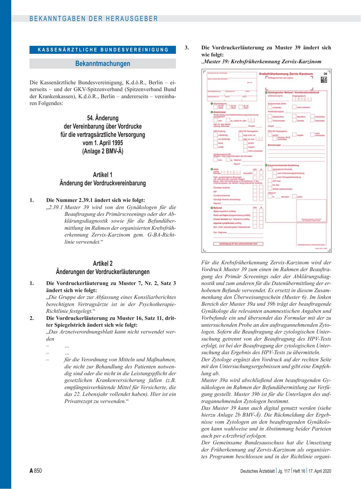 Vorschauseite 1: 54. Änderung der Vereinbarung über Vordrucke für die vertragsärztliche Versorgung vom 1. April 1995 (Anlage 2 BMV-Ä)