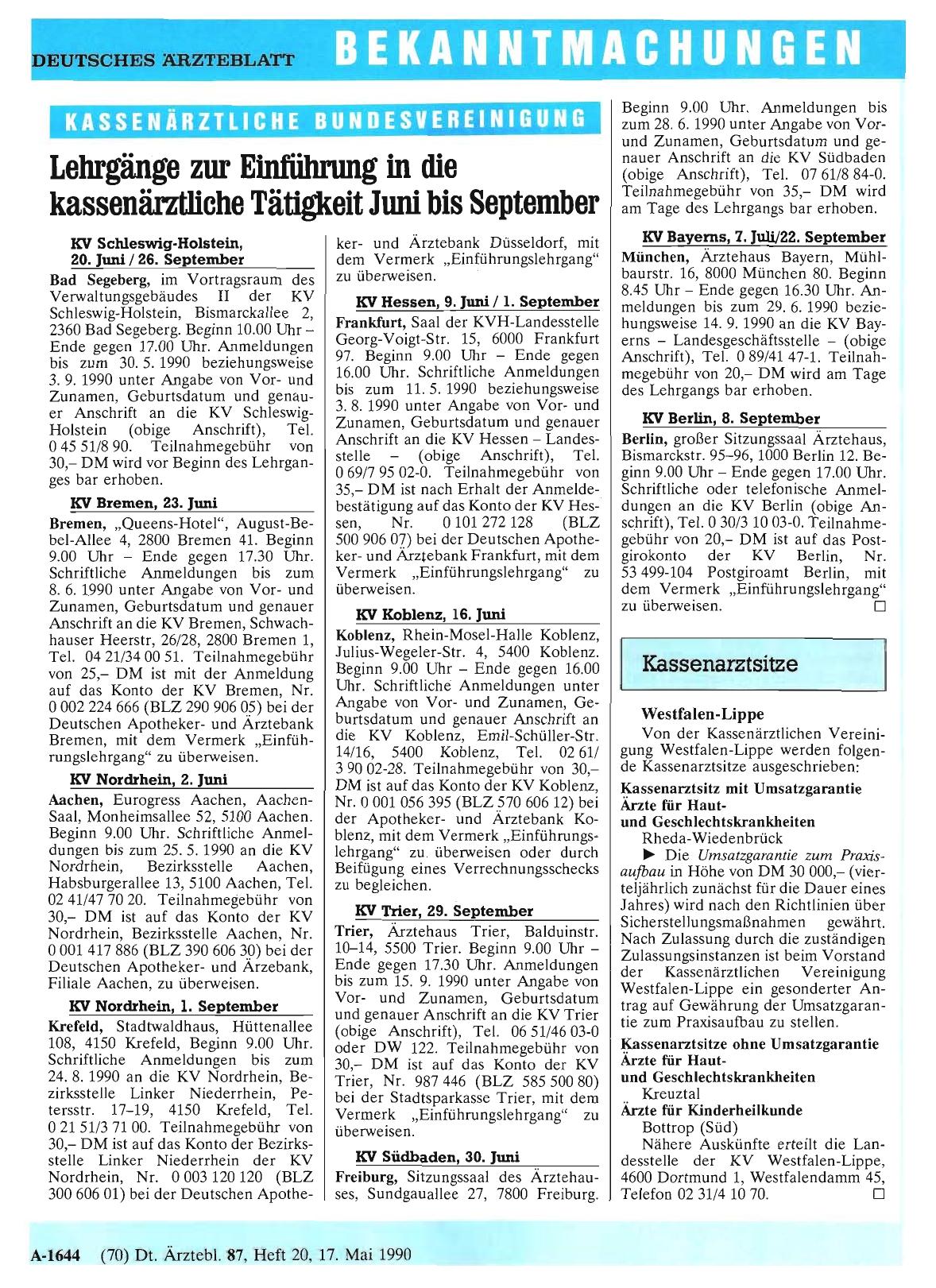 Vorschauseite 1: Lehrgänge zur Einführung in die kassenärztliche Tätigkeit Juni bis September